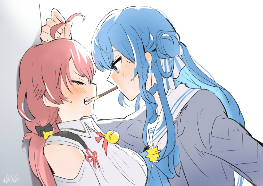 2girls, ahoge, artist_name, blue_eyes, blue_hair, blush, closed_eyes, commentary_request