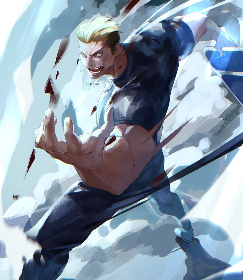 1boy, black_hair, black_shirt, blonde_hair, cry_sinkai, fatal_fury, gloves, highres