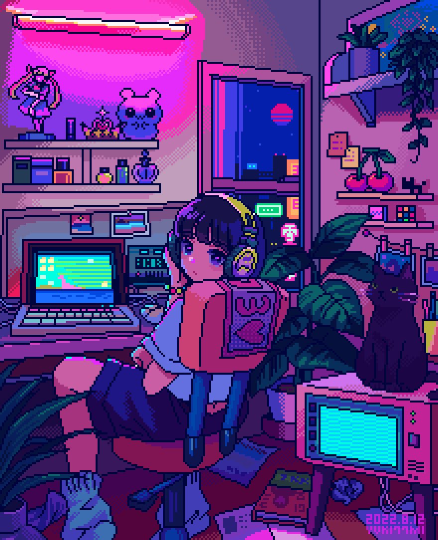 1girl, adjusting_headphones, animal, artist_name, black_cat, black_shorts, book, bracelet