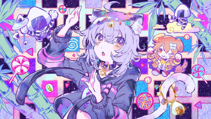 :3, ahoge, animal_collar, animal_ears, black_collar, black_hoodie, blush, bone_hair_ornament, braid, brown_hair, cat_day, cat_ears, cat_girl, cat_tail, chibi, collar, cropped_hoodie, crossed_bangs, dog_ears, dog_girl, dog_tail, drawstring, food_print, hair_between_eyes, hair_ornament, highres, hololive, hololive_gamers, hood, hoodie, inugami_korone, kiato, long_sleeves, looking_at_viewer, midriff, nekomata_okayu, nekomata_okayu_(1st_costume), onigiri_print, onigirya_(nekomata_okayu), open_mouth, purple_eyes, purple_hair, short_hair, sleeves_past_wrists, smile, tail, twin_braids, virtual_youtuber