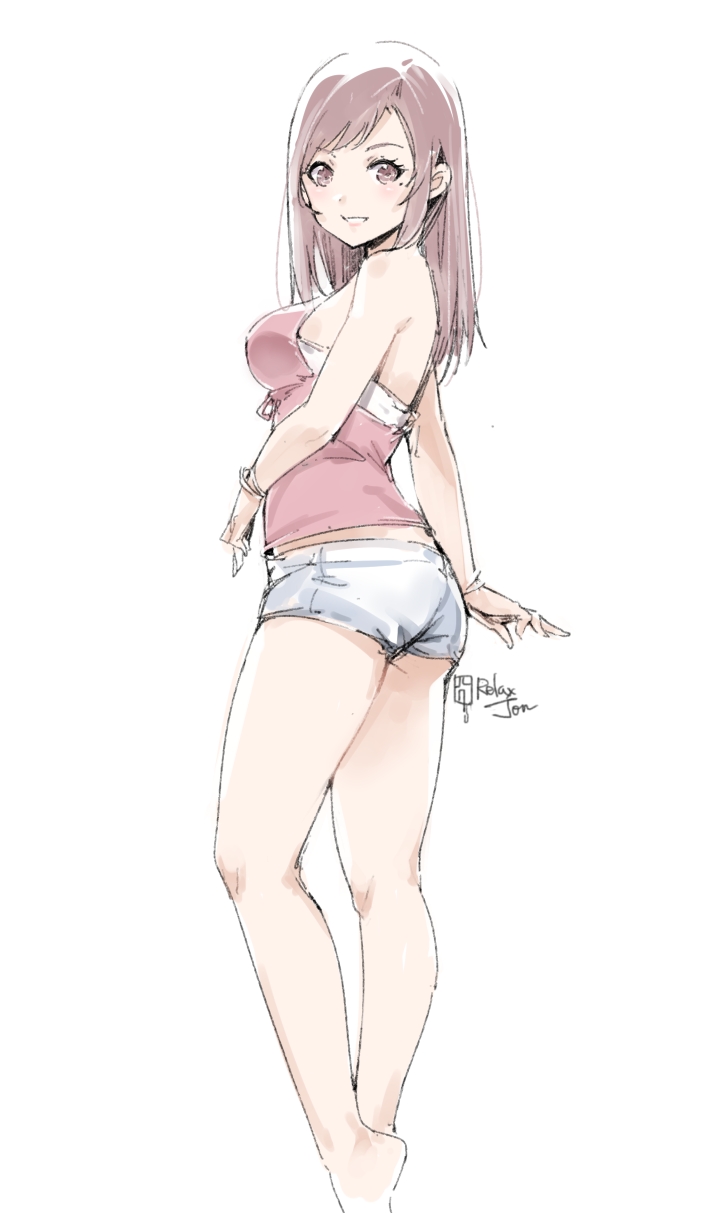 1girl, bare_arms, bare_legs, barefoot, bracelet, brown_eyes, brown_hair, from_side