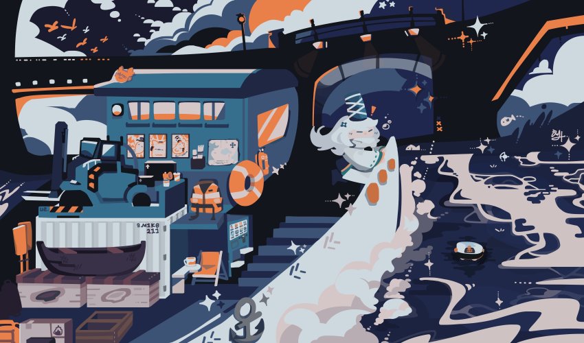 !, 1girl, :o, absurdres, anchor, beach_chair, black_hat, black_skirt