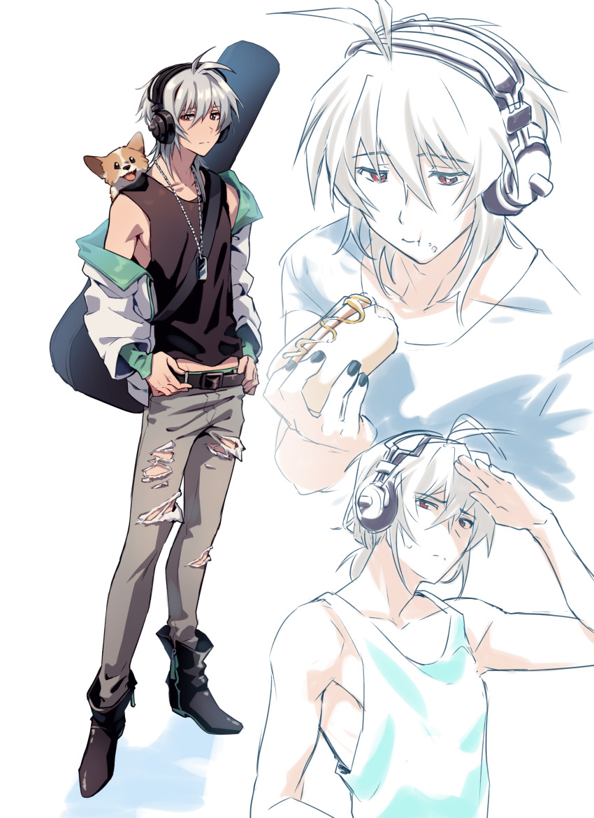 1boy, absurdres, antenna_hair, belt, bishounen, boots, denim, dog