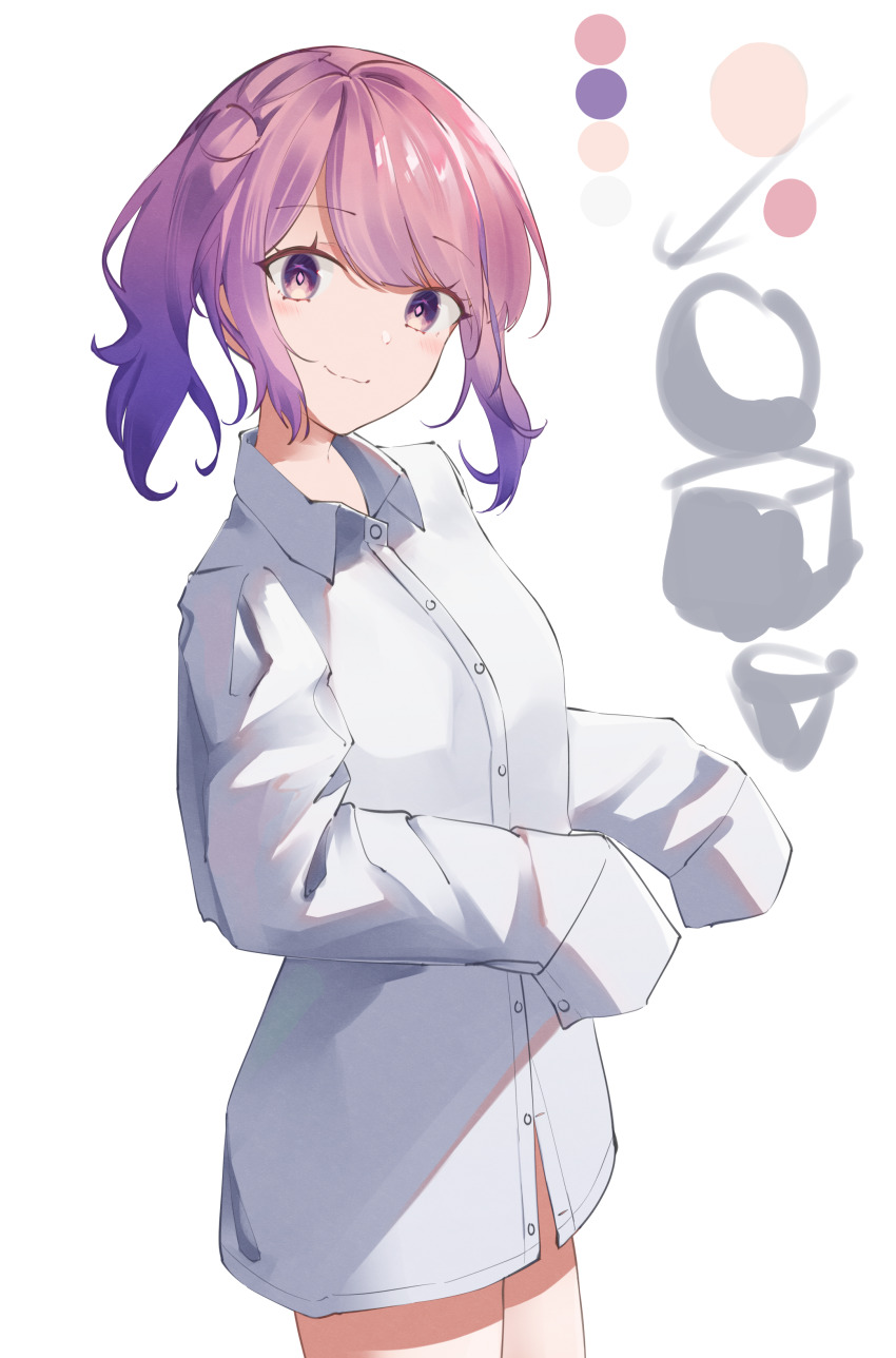 1girl, absurdres, akatoshu, blue_hair, bottomless, chinese_commentary, closed_mouth, collared_shirt, commentary_request, cowboy_shot, dot_nose, dress_shirt, highres, indie_virtual_youtuber, long_sleeves, looking_at_viewer, multicolored_hair, pink_eyes, pink_hair, purple_hair, shirt, short_hair, sidelocks, simple_background, sleeves_past_fingers, sleeves_past_wrists, smile, solo, standing, swept_bangs, tsmatch, two-tone_hair, virtual_youtuber, white_background, white_shirt
