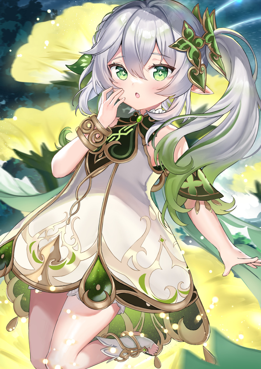 1girl, absurdres, blurry, bracelet, commentary_request, dan_gan, depth_of_field, detached_sleeves