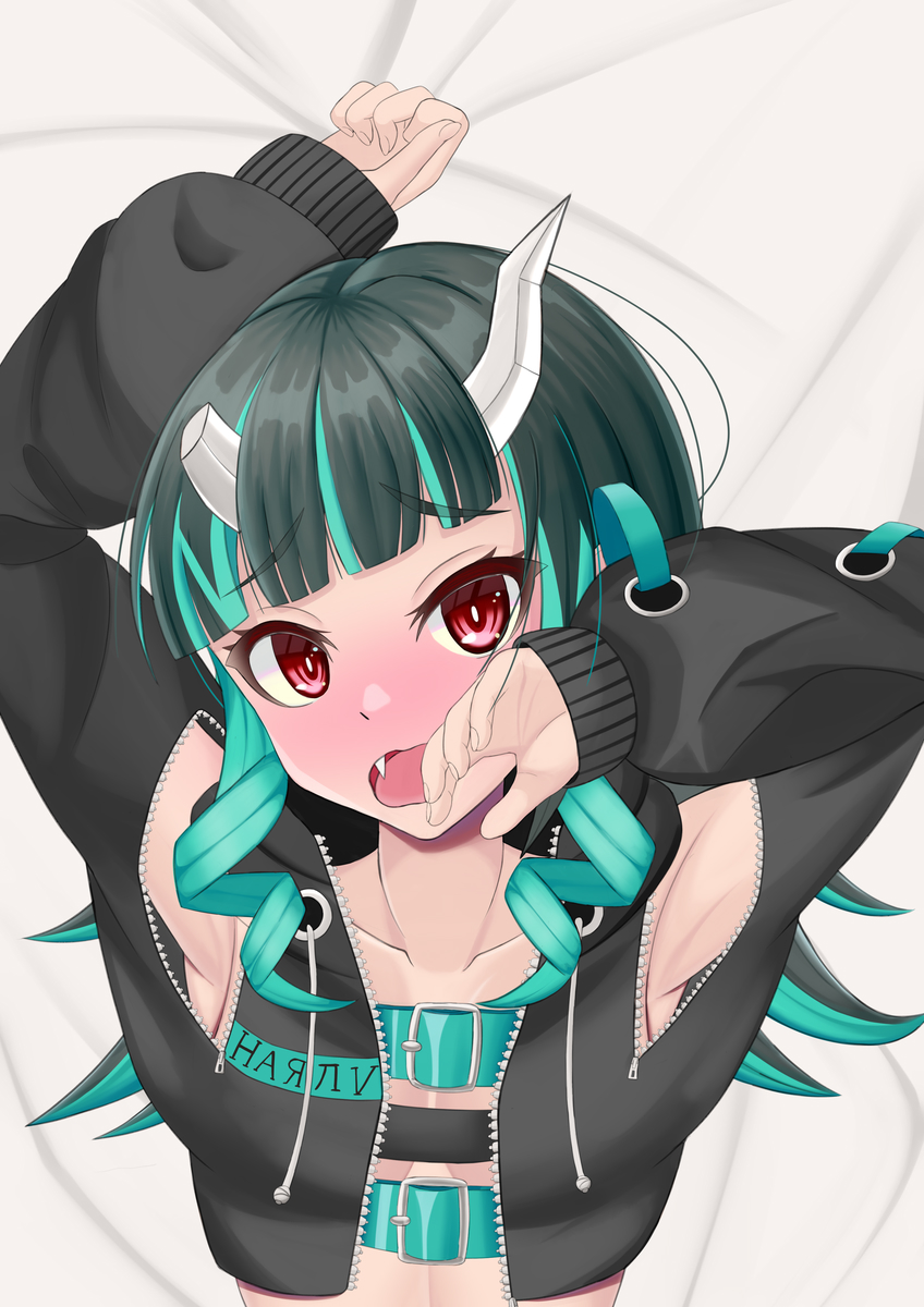 1girl, armpits, arms_up, aura_yagg, belt, belt_bra, black_jacket, blue_belt