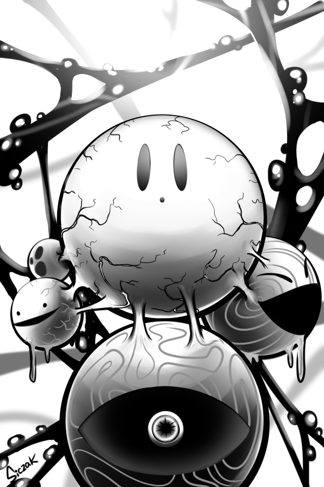 closed_eyes, closed_mouth, dot_mouth, false_smile, greyscale, inktober, kirby_(series), kirby_star_allies, looking_at_viewer, monochrome, nintendo, no_humans, siczak, smile, swirl, veins, void_(kirby), void_termina, void_termina_(final_core)