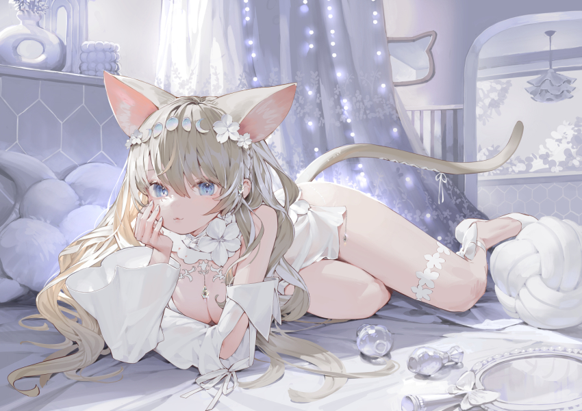1girl, :3, animal_ears, ankle_ribbon, arm_support, barefoot, bed, blonde_hair
