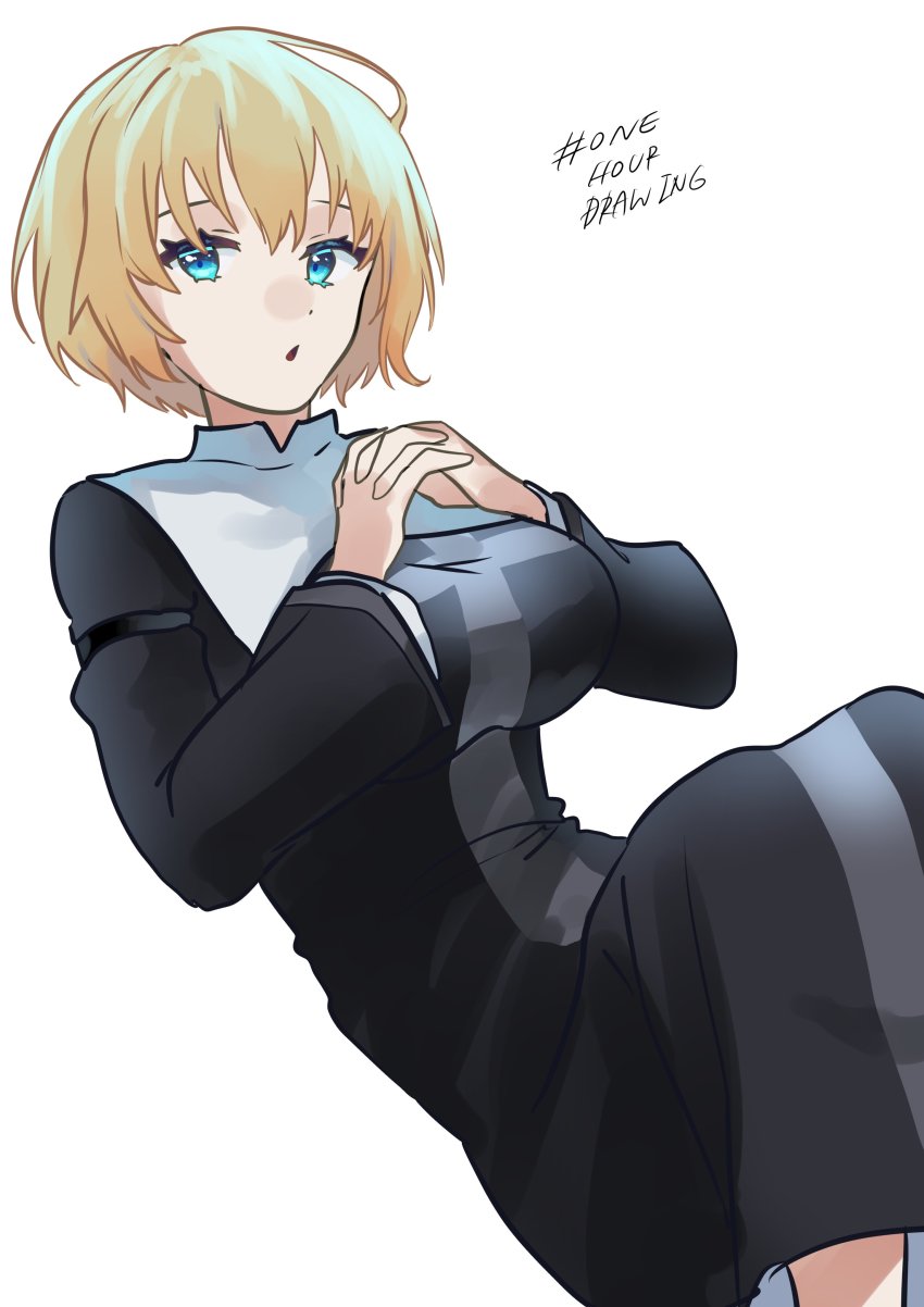 1girl, absurdres, aqua_eyes, black_dress, blonde_hair, breasts, capelet, character_request