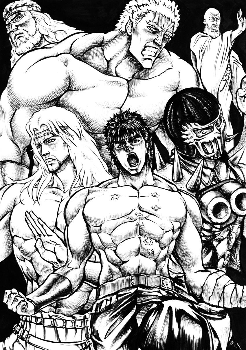 6+boys, greyscale, gun, helmet, highres, hokuto_no_ken, jagi, kenshiro, koryu_(hokuto_no_ken), male_focus, manly, mask, monochrome, multiple_boys, muscular, raoh, raoh_(hokuto_no_ken), ryuken_(hokuto_no_ken), sawed-off_shotgun, scar, shotgun, sword-dream, toki_(hokuto_no_ken), topless_male, weapon