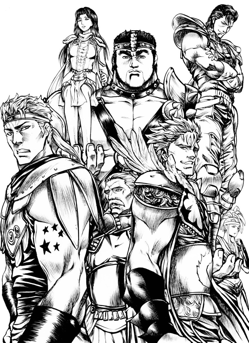 2girls, 5boys, armor, fudoh_(hokuto_no_ken), greyscale, highres, hokuto_no_ken, hyui