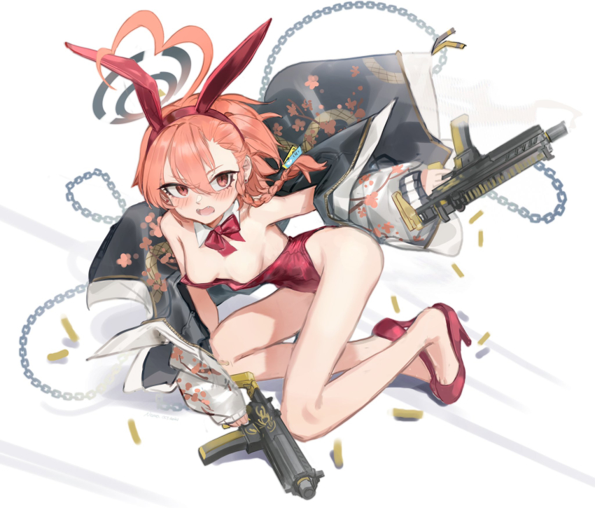 1girl, ahoge, aiming, animal_ears, bare_shoulders, black_jacket, blue_archive, blush
