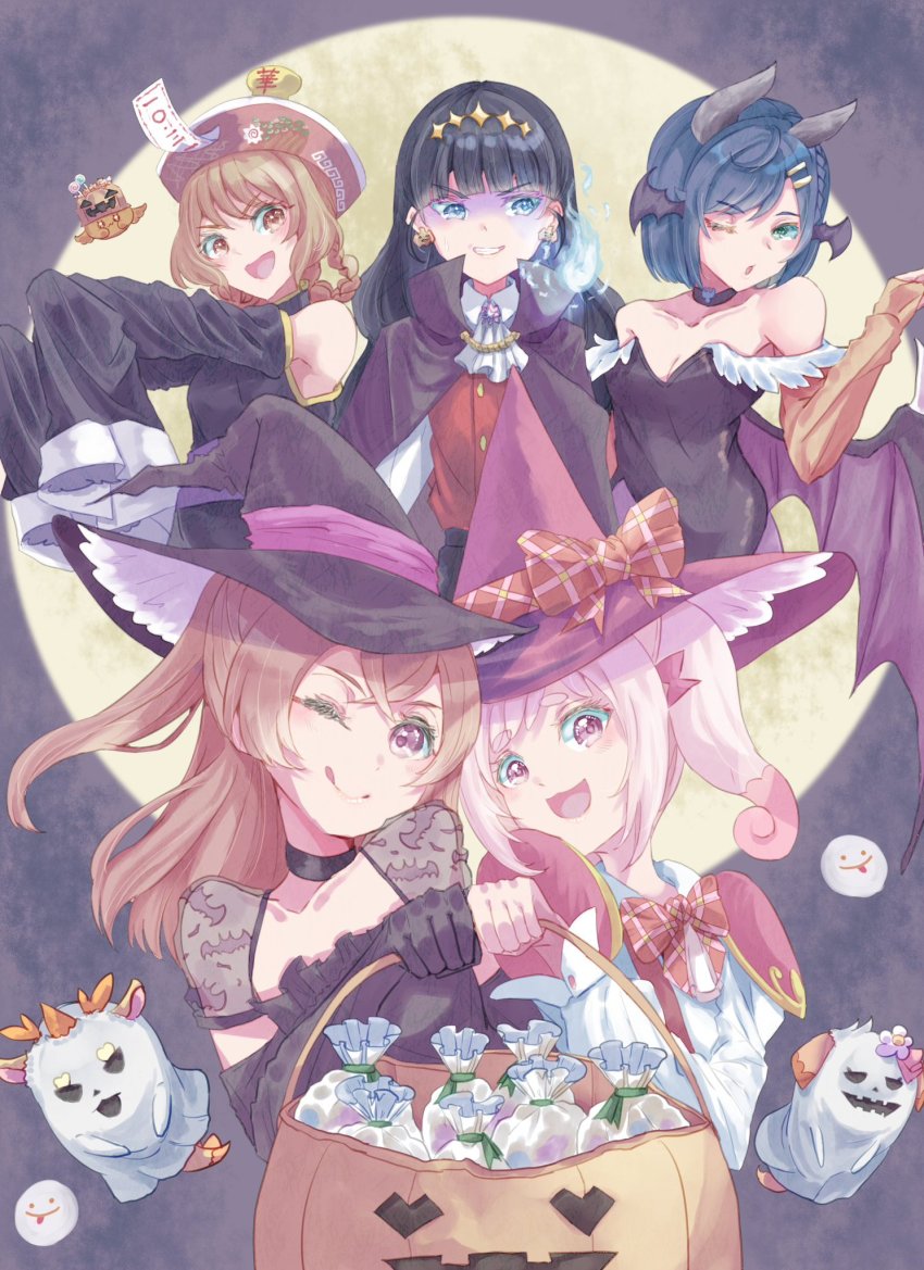 5girls, ;o, ;q, ascot, bag, bare_shoulders, black_choker, black_cloak