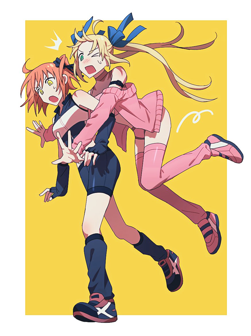 >_o, 2girls, ahoge, arm_warmers, artoria_caster_(counter_stretch)_(fate), artoria_caster_(fate), artoria_pendragon_(fate), bike_shorts, blonde_hair, bobi, fate/grand_order, fate_(series), fingerless_gloves, fujimaru_ritsuka_(female), fujimaru_ritsuka_(female)_(counter_stretch), gloves, green_eyes, jacket, leg_warmers, multiple_girls, one_eye_closed, orange_eyes, orange_hair, pink_jacket, shoes, sleeveless, sneakers, twintails