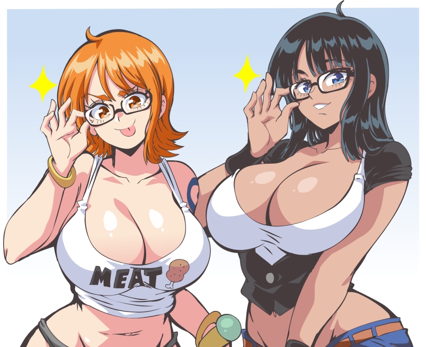 >:), 2girls, :p, adjusting_eyewear, ahoge, arm_at_side, arm_tattoo, bare_shoulders, bespectacled, black-framed_eyewear, black_hair, blue_eyes, breasts, cleavage, commentary, cooler, glasses, hand_on_eyewear, hand_up, head_tilt, highres, large_breasts, lewdamone, looking_at_viewer, medium_hair, midriff, multiple_girls, nami_(one_piece), navel, nico_robin, official_alternate_costume, one_piece, orange_eyes, orange_hair, parted_bangs, parted_lips, plunging_neckline, semi-rimless_eyewear, short_sleeves, smile, stomach, untranslatable_commentary, tan, tank_top, tattoo, tongue, tongue_out, under-rim_eyewear, upper_body, v-shaped_eyebrows, vest