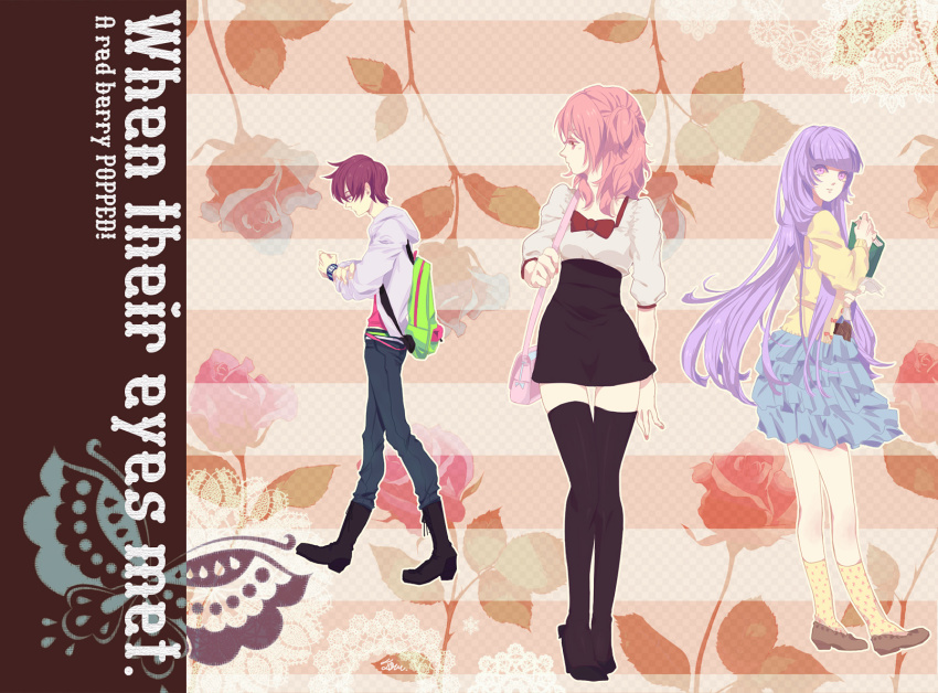 1boy, 2girls, alternate_costume, asbel_lhant, bad_id, bad_pixiv_id, bag, book