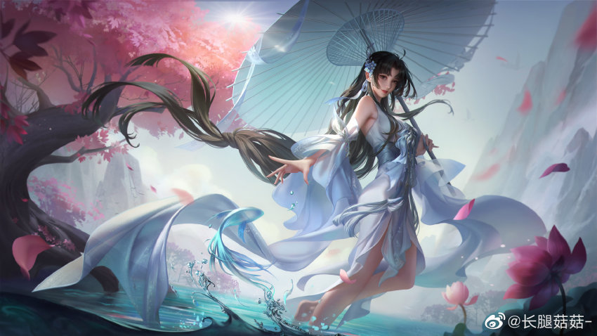 1girl, bare_legs, black_hair, breasts, chang_tui_gugu, character_request, china_dress, chinese_clothes, detached_sleeves, dress, dutch_angle, falling_petals, fish, highres, holding, holding_umbrella, jian_xia_shi_jie, lens_flare, light_rays, looking_at_viewer, medium_breasts, mountain, outdoors, petals, reaching, sash, tree, umbrella, white_dress