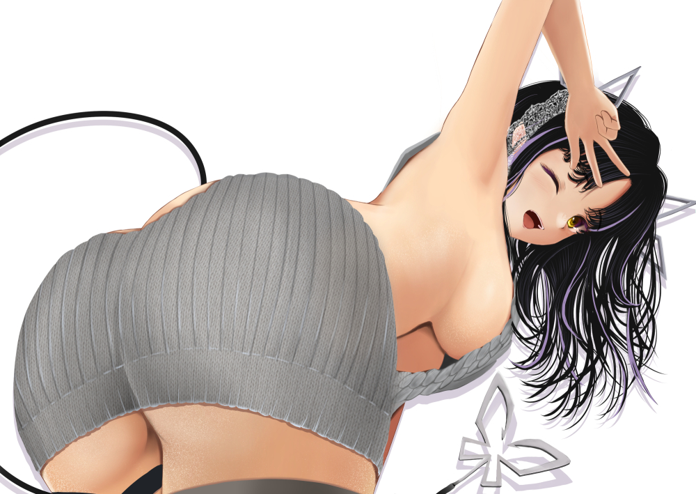 1girl, :d, aran_sweater, armpits, ass, ass_focus, backless_dress, backless_outfit, black_hair, blush, bow, breasts, butt_crack, cable_knit, commentary_request, cowboy_shot, dc24v, demon_girl, demon_tail, dress, from_behind, hair_bow, kojo_anna, kojo_anna_(3rd_costume), lace_bow, long_hair, looking_at_viewer, medium_breasts, multicolored_hair, nanashi_inc., official_alternate_costume, one_eye_closed, open_mouth, parted_bangs, pointy_ears, purple_hair, ribbed_sweater, sideboob, simple_background, smile, solo, sweater, sweater_dress, tail, turtleneck, turtleneck_sweater, two-tone_hair, underboob, virgin_killer_sweater, virtual_youtuber, w, white_background, white_bow, yellow_eyes
