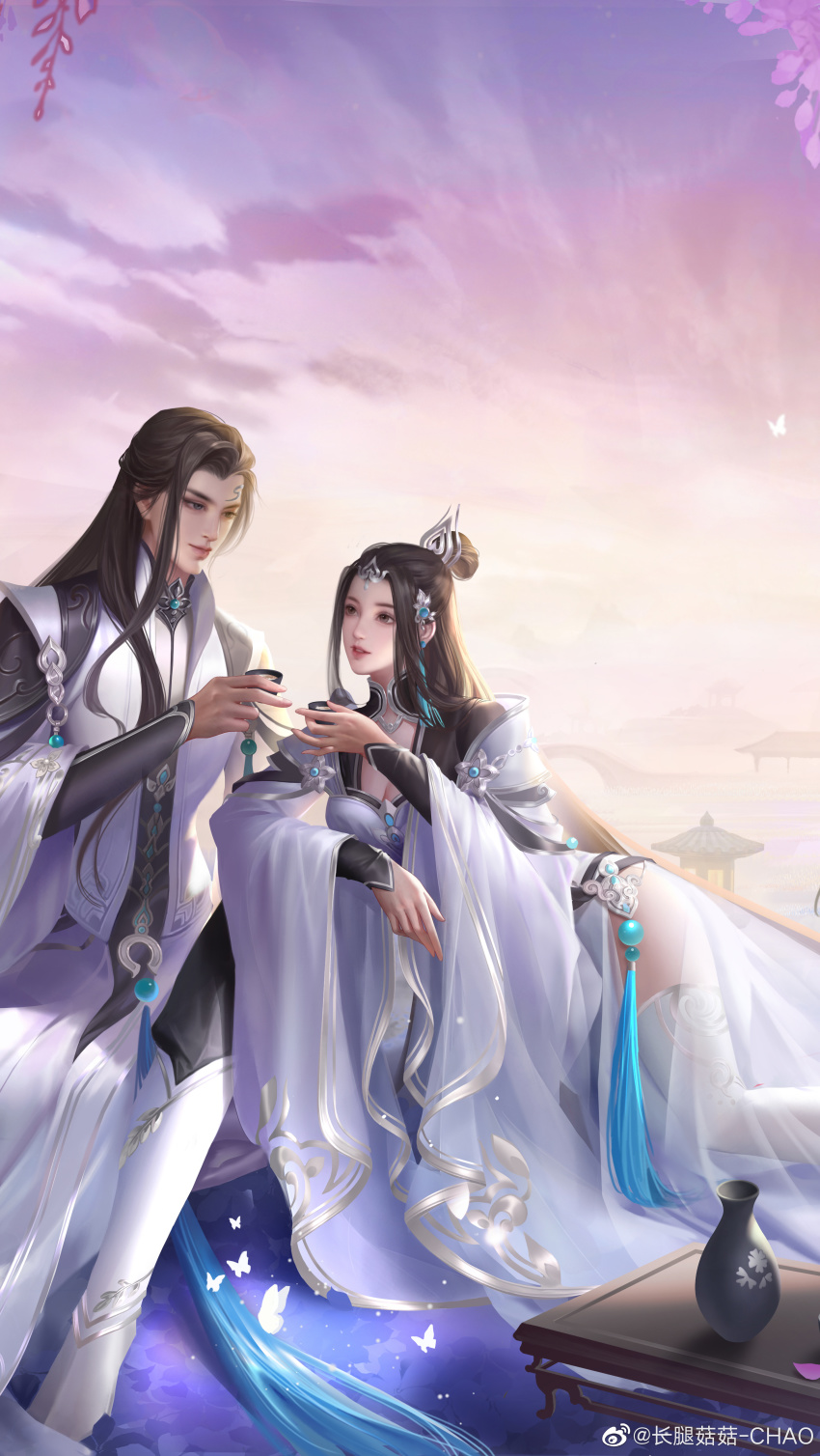 1boy, 1girl, absurdres, bug, butterfly, chang_tui_gugu, character_request, chinese_clothes, cleavage_cutout, clothing_cutout, gluteal_fold, hair_bun, hair_ornament, highres, insect, long_hair, long_sleeves, looking_at_another, lying, on_side, parted_lips, see-through_clothes, see-through_skirt, skirt, table, teeth, thighhighs, toasting_(gesture), zhu_xian