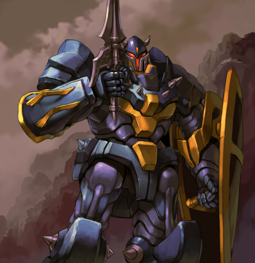 assault_visor, cowboy_shot, holding, holding_shield, holding_sword, holding_weapon, horns, kikou-kai_galient, looking_ahead, mecha, no_humans, robot, science_fiction, shield, solo, spikes, sword, taedu, weapon, zuwel
