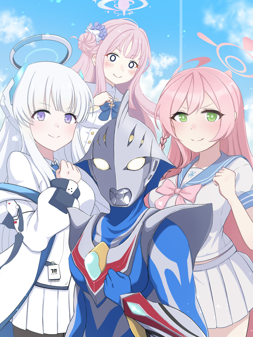 1boy, 3girls, absurdres, black_pantyhose, blazer, blue_archive, blue_sky, blunt_bangs