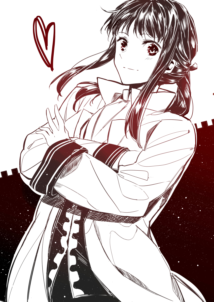 1girl, absurdres, black_hair, coconoe_(kazura_kuju), crossed_arms, heart, highres, long_hair, looking_at_viewer, monochrome, robe, seijo_no_maryoku_wa_bannou_desu, solo, standing, takanashi_sei, two-tone_background