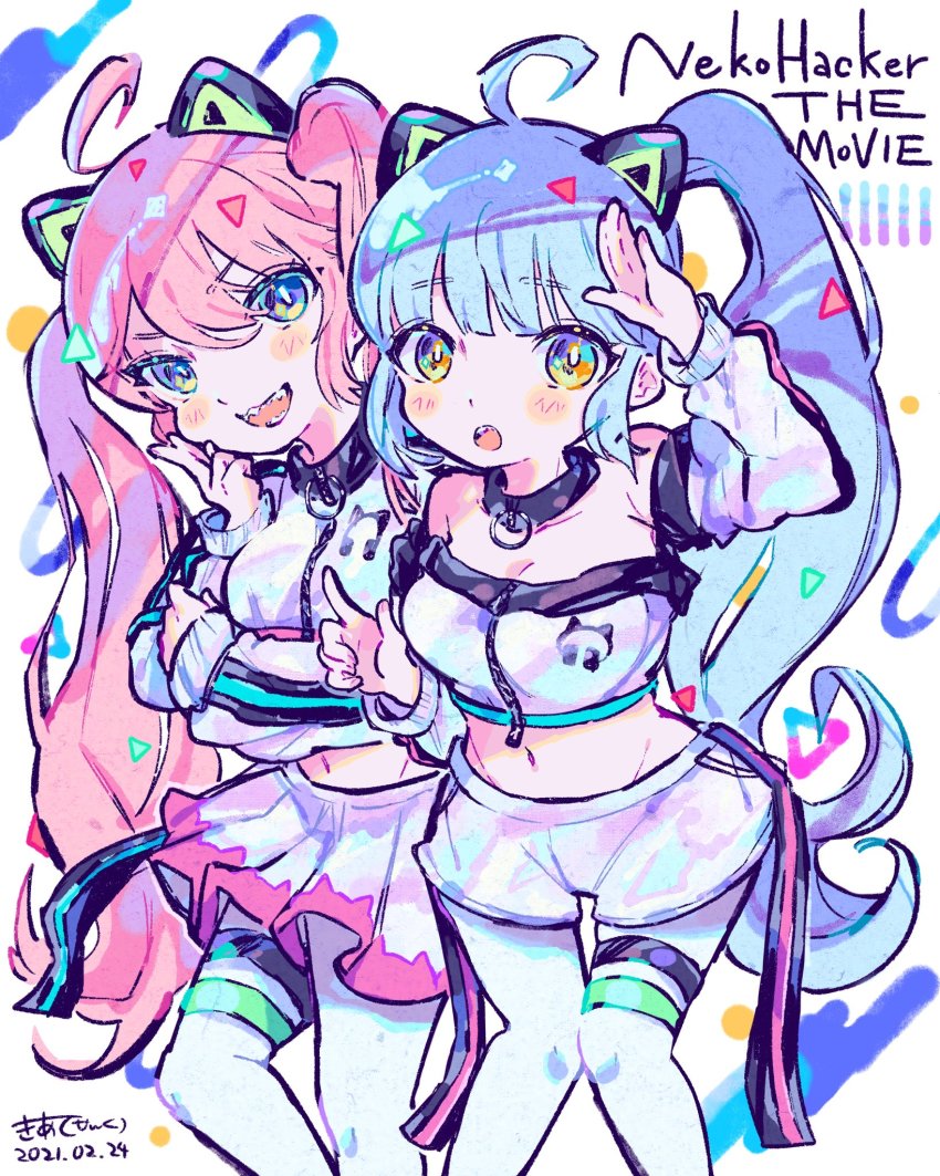 2girls, ahoge, animal_ears, blue_hair, detached_sleeves, fake_animal_ears, green_eyes, highres