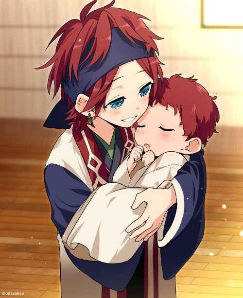 2boys, :o, aged_down, amagi_hiiro, amagi_rinne, baby, baby_carry, blue_headband, blue_kimono, brothers, carrying, child, closed_eyes, coat, earrings, ensemble_stars!, happy_tears, headband, japanese_clothes, jewelry, kimono, light_blush, light_particles, looking_at_another, male_focus, multiple_boys, odayakao, parted_bangs, red_hair, short_hair, siblings, sleeveless, sleeveless_coat, smile, tearing_up, tears, upper_body, white_coat, white_kimono, wooden_floor