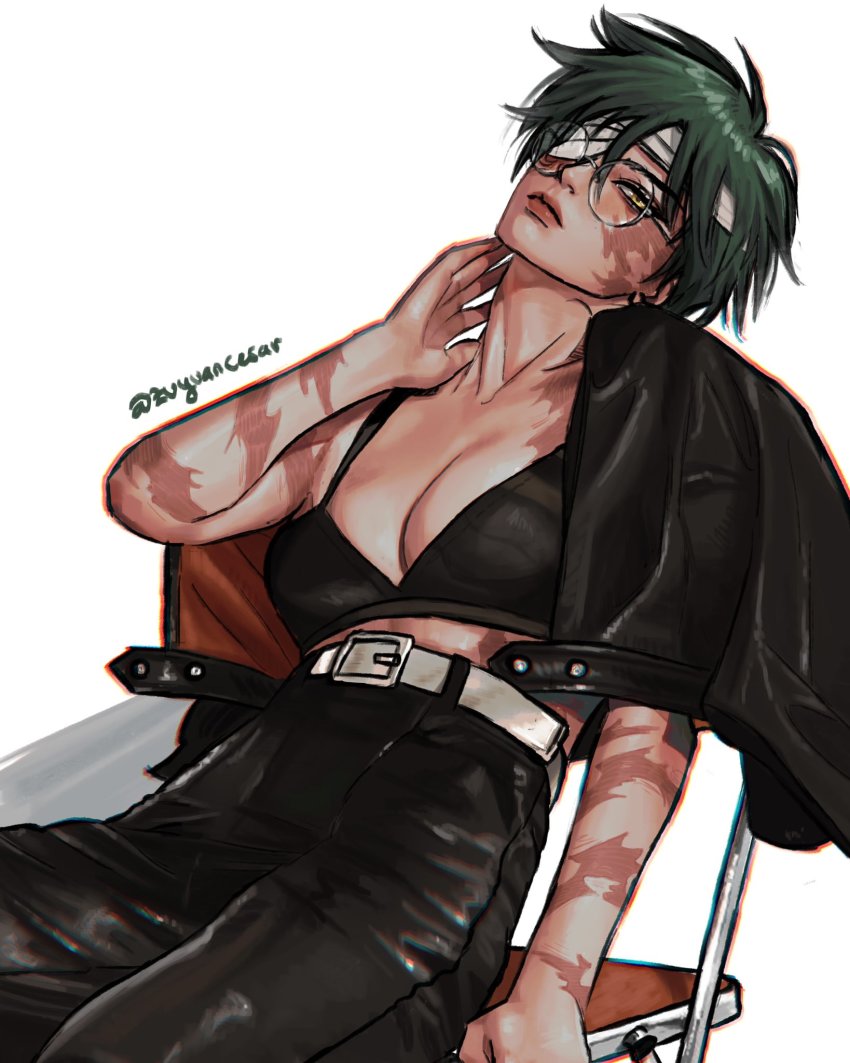 1girl, bandage_on_hair, bandage_over_one_eye, bandages, bandaid, bandaid_on_face, belt, black_bra