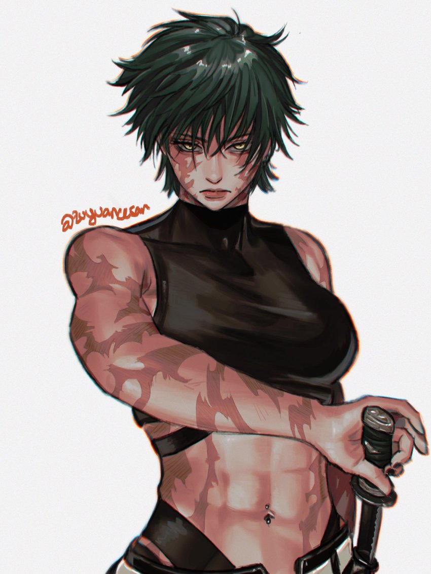 1girl, abs, breasts, burn_scar, crop_top, green_hair, highres, holding, holding_sword, holding_weapon, jujutsu_kaisen, katana, looking_at_viewer, medium_breasts, midriff, muscular, muscular_female, navel, navel_piercing, piercing, scar, scar_on_arm, scar_on_stomach, short_hair, simple_background, solo, spiked_hair, sword, weapon, white_background, yellow_eyes, zen'in_maki, zen'in_maki_(post_shibuya), zu_yuan_cesar