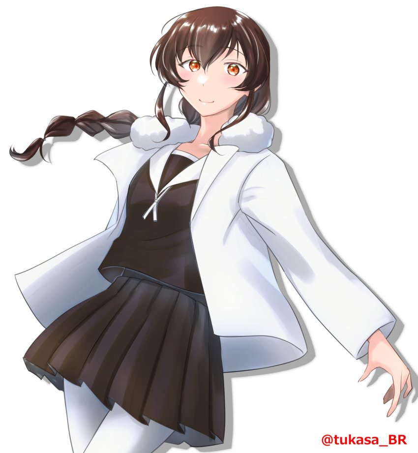 1girl, braid, brown_hair, brown_serafuku, brown_shirt, brown_skirt, coat, cowboy_shot