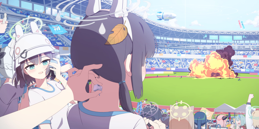 6+girls, :d, aircraft, animal_ears, black_hair, blue_archive, blue_eyes, blue_sky, blurry, braid, buruma, cat_ears, cat_tail, cellphone, cloud, cloudy_sky, commentary_request, demon_girl, demon_horns, depth_of_field, dirigible, explosion, fake_animal_ears, fake_tail, fox_ears, fox_girl, fox_tail, from_behind, grey_hair, gym_shirt, halo, helmet, highres, holding, holding_phone, horns, ice, ice_cube, izuna_(blue_archive), leaf, leaf_on_head, long_hair, looking_at_another, medium_hair, midori_(blue_archive), miyako_(blue_archive), miyu_(blue_archive), mnnnya, moe_(blue_archive), momoi_(blue_archive), multiple_girls, nape, official_alternate_costume, open_mouth, out_of_frame, pebble, phone, pov, prank, rabbit_ears, running, running_track, saki_(blue_archive), shirt, short_hair, short_sleeves, sidelocks, simple_background, single_braid, sky, smartphone, smile, stadium, sweat, sweatdrop, tail