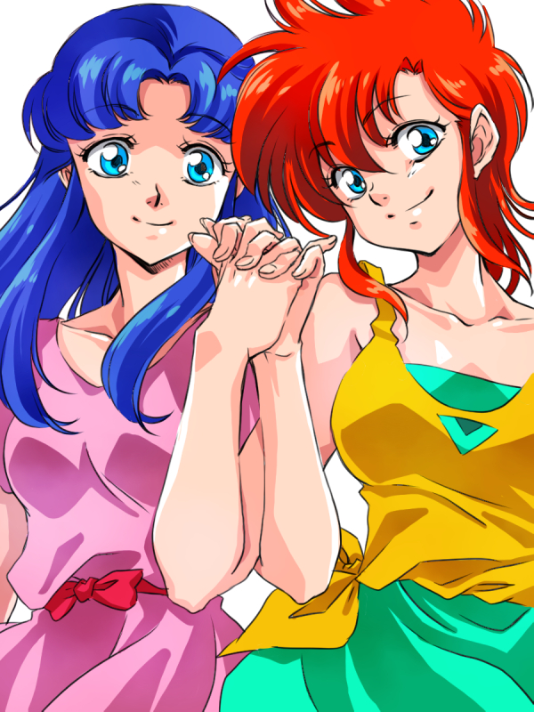 2girls, blue_eyes, blue_hair, bow, breasts, cleavage, collarbone, dress, green_dress, holding_hands, juushin_liger, kamishiro_mai_(juushin_liger), kamishiro_yui, long_hair, looking_at_viewer, medium_breasts, medium_hair, multiple_girls, nekomaru_(nekohouse), parted_bangs, pink_dress, red_bow, red_hair, shirt, siblings, sidelocks, simple_background, sisters, smile, twins, white_background, yellow_shirt