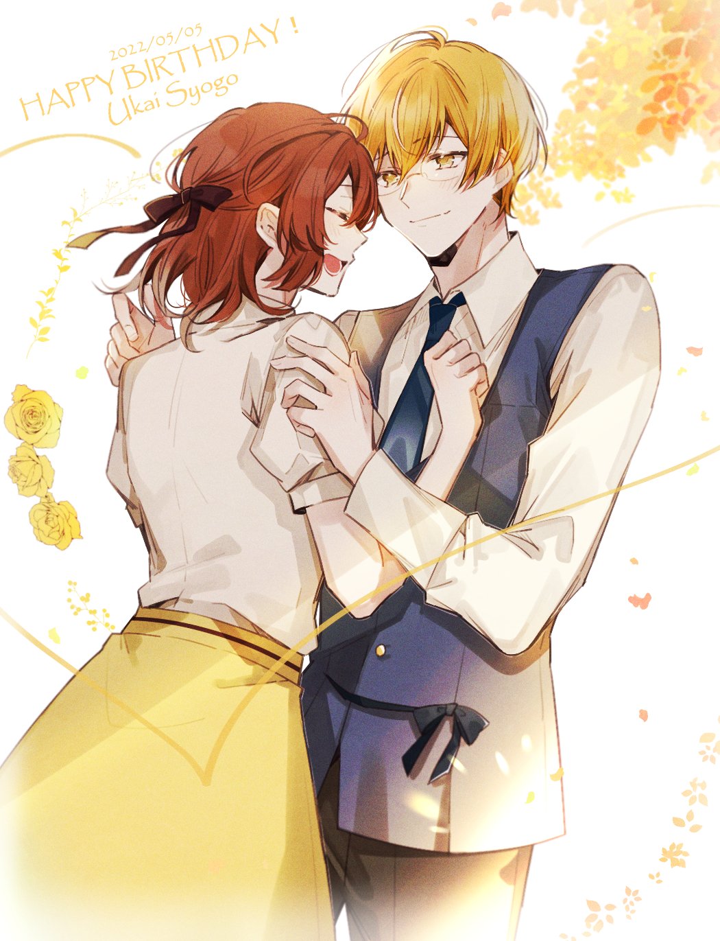 1boy, 1girl, :d, black_pants, black_ribbon, blonde_hair, blue_necktie, blue_vest