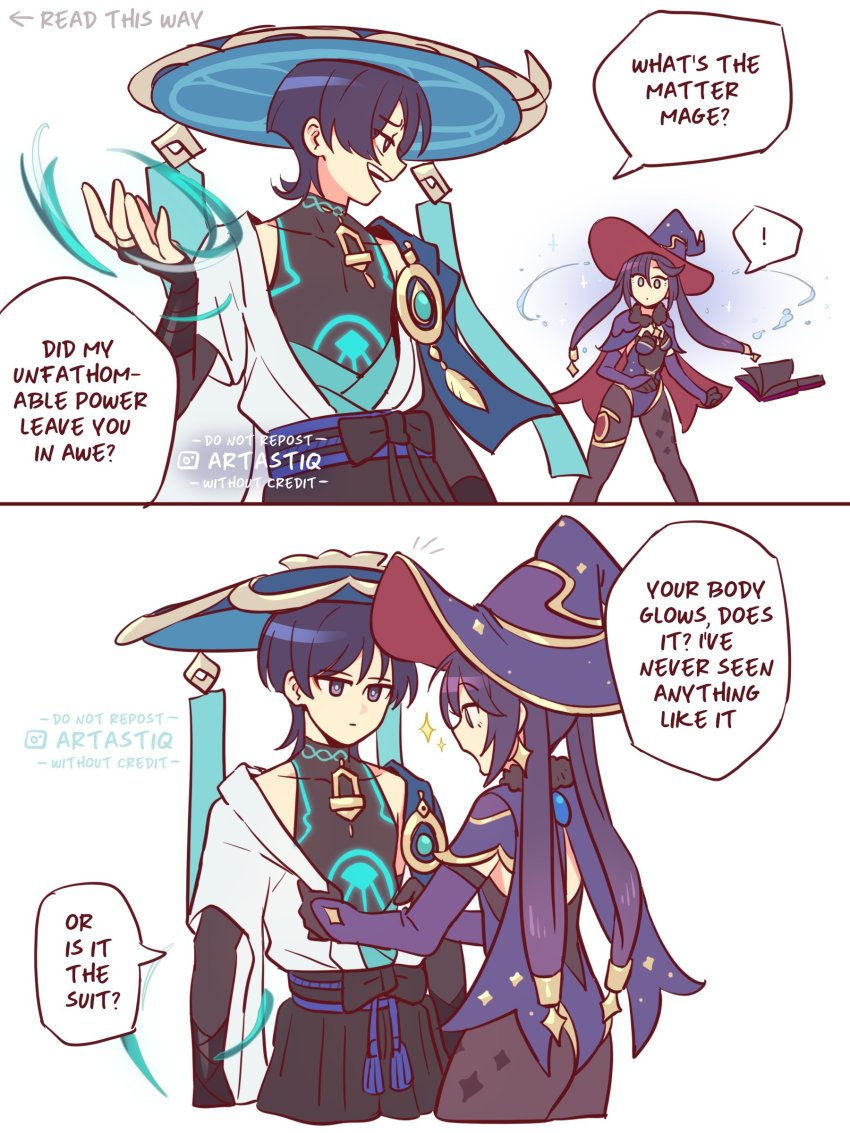 !, 1boy, 1girl, absurdres, artastiq, black_bodysuit, bodysuit, book