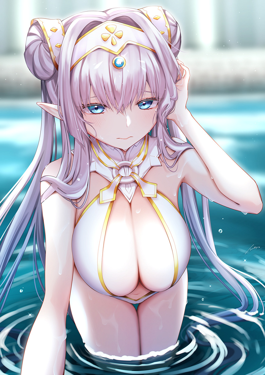 1girl, bare_shoulders, blush, breasts, britomart_(fate), britomart_(final_ascension)_(fate), center_opening, cleavage, double_bun, fate/grand_order, fate_(series), gold_one-piece_swimsuit, hair_bun, highleg, highleg_one-piece_swimsuit, highres, ichi_kq, large_breasts, long_hair, looking_at_viewer, navel, one-piece_swimsuit, pointy_ears, solo, swimsuit, thighs, two-tone_swimsuit, white_one-piece_swimsuit