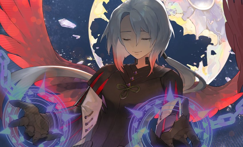 1boy, another_eden, chain, clarte_(another_eden), closed_mouth, grey_hair, hair_between_eyes, hair_tubes, highres, low_ponytail, magic, male_focus, nomeringo, ponytail, red_wings, smile, solo, upper_body, wings