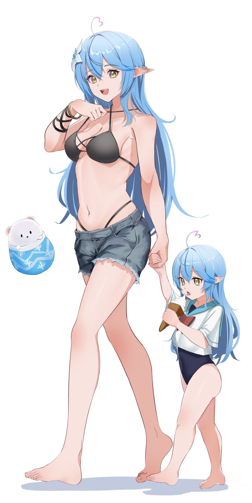 2girls, :d, absurdres, ahoge, arurire, bare_legs, barefoot, bikini, black_bikini, blue_hair, breasts, commentary, cutoffs, daifuku_(yukihana_lamy), denim, denim_shorts, feet, flower, full_body, hair_between_eyes, hair_flower, hair_ornament, heart, heart_ahoge, highres, holding_hands, hololive, ice_cream_cone, legs, long_hair, medium_breasts, mother_and_child, mother_and_daughter, multiple_girls, navel, one-piece_swimsuit, open_mouth, parent_and_child, pointy_ears, short_shorts, shorts, simple_background, smile, swimsuit, time_paradox, toes, tongue, tongue_out, untranslatable_commentary, virtual_youtuber, walking, white_background, yellow_eyes, yukihana_lamy