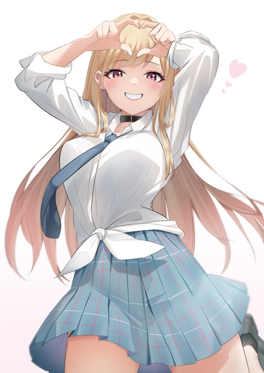 1girl, absurdres, arms_up, arurire, blonde_hair, blue_necktie, blue_skirt, breasts, collar, commentary_request, dress_shirt, ear_piercing, grin, heart, heart_hands, highres, kitagawa_marin, large_breasts, long_hair, long_sleeves, looking_at_viewer, necktie, piercing, pink_eyes, school_uniform, shirt, simple_background, skirt, sleeves_rolled_up, smile, solo, sono_bisque_doll_wa_koi_wo_suru, tied_shirt, white_background, white_shirt