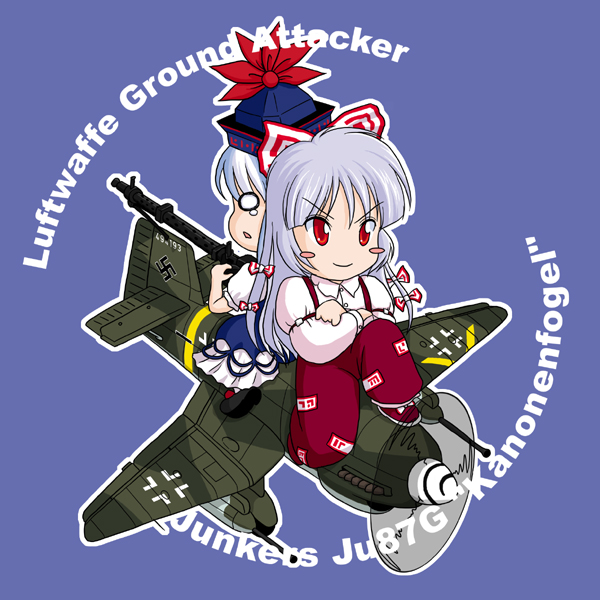 2girls, aircraft, airplane, blush_stickers, bomber, bow, chibi, commentary, female_focus, fujiwara_no_mokou, gun, hair_bow, hair_ribbon, hans-ulrich_rudel, hat, ju_87, junkers_ju_87, kamishirasawa_keine, long_hair, military, military_vehicle, multiple_girls, o_o, propeller_fighter, red_eyes, ribbon, sakurato_tsuguhi, tears, touhou, vehicle_focus, weapon, world_war_ii