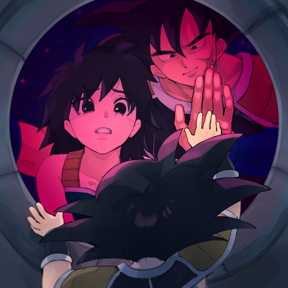 1girl, 2boys, armor, bardock, black_eyes, black_hair, cross_scar, dragon_ball, dragon_ball_minus, facial_scar, father_and_child, father_and_son, gine, mother_and_child, mother_and_son, multiple_boys, nomeringo, parent_and_child, scar, scar_on_cheek, scar_on_face, shoulder_armor, son_goku, tears, window