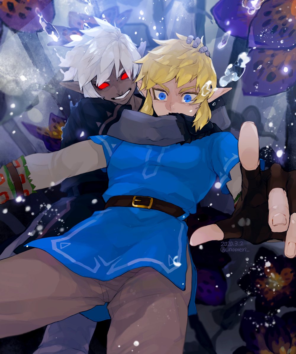 2boys, air_bubble, belt, blonde_hair, blue_eyes, bubble, dark-skinned_male, dark_link