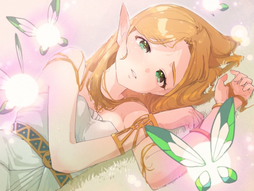 1girl, bare_shoulders, blonde_hair, bracelet, dress, dutch_angle, eyelashes, fairy