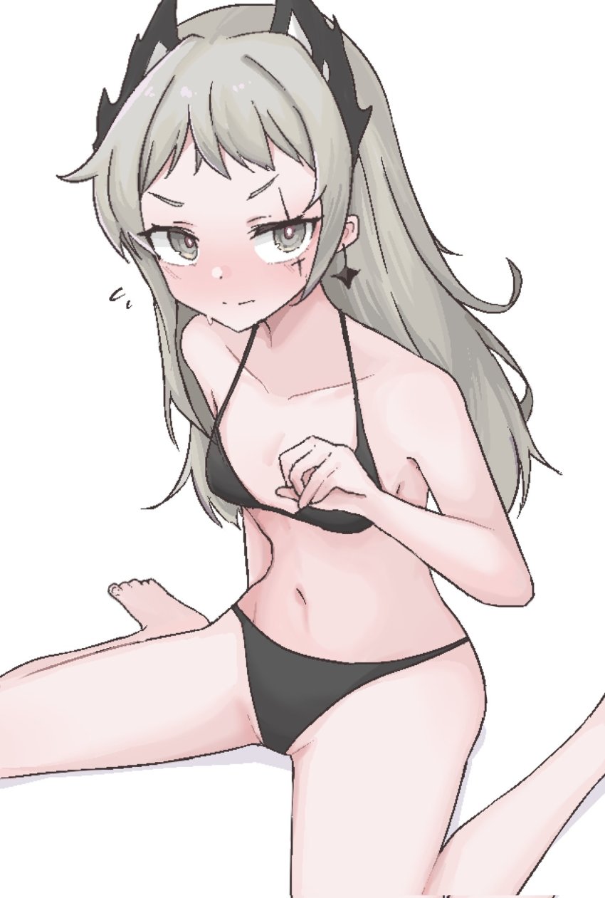 1girl, arknights, arm_behind_back, bikini, black_bikini, blush, breasts, collarbone