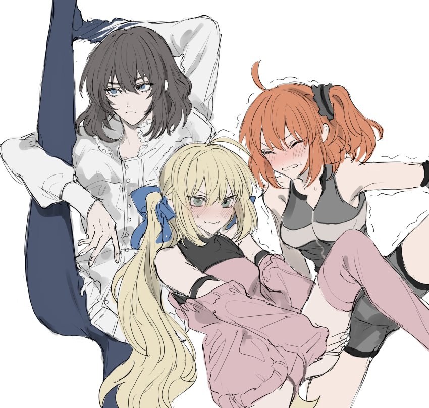 1boy, 2girls, absurdres, ahoge, artoria_caster_(counter_stretch)_(fate), artoria_caster_(fate), artoria_pendragon_(fate), bare_shoulders