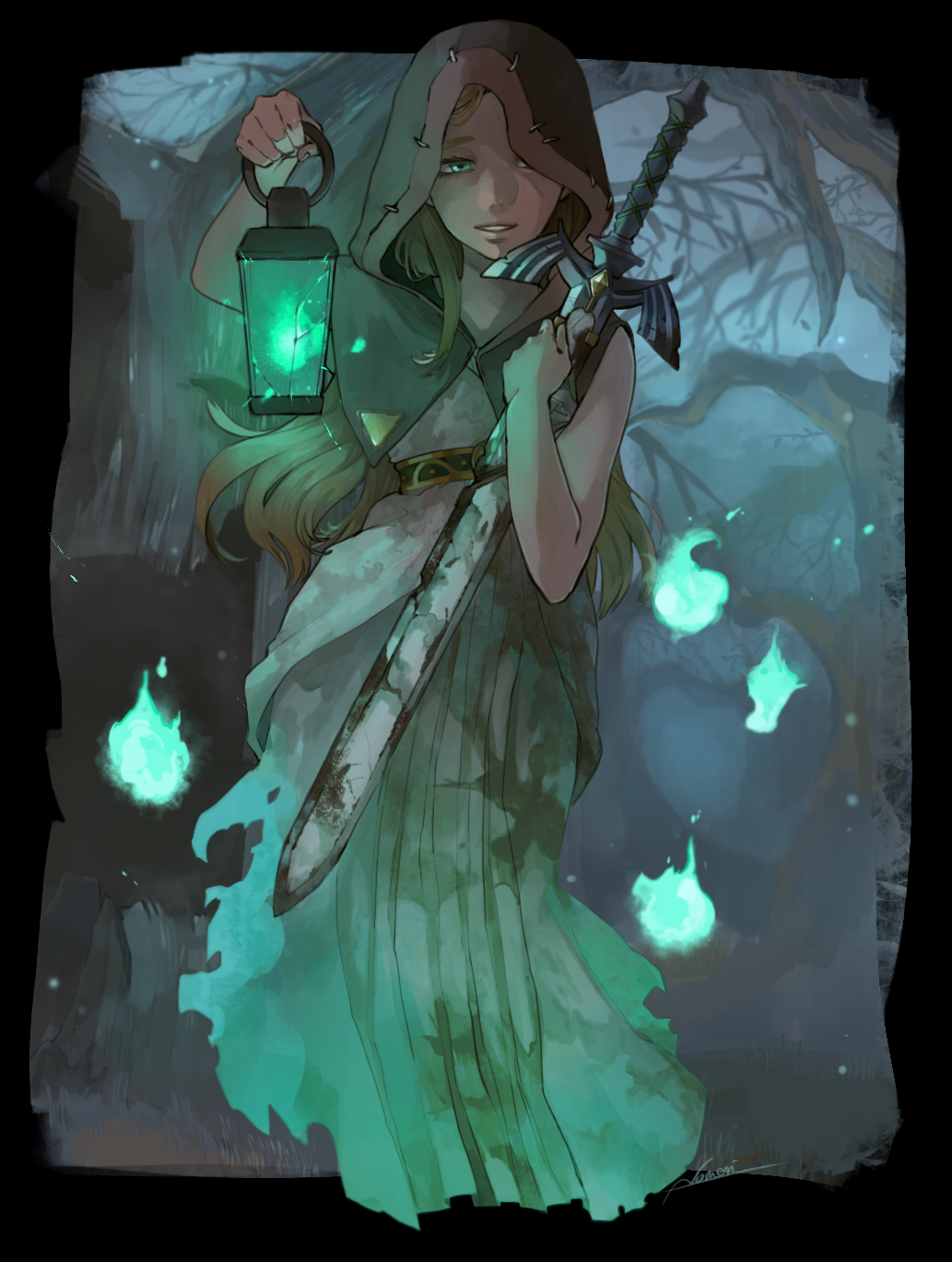 1girl, black_hood, blonde_hair, dirty, dress, fire, full_body, ghost, green_eyes, green_fire, highres, holding, holding_sword, holding_weapon, hood, lantern, master_sword, nintendo, nomeringo, parted_lips, princess_zelda, solo, sword, the_legend_of_zelda, the_legend_of_zelda:_breath_of_the_wild, torn_clothes, tree, weapon, white_dress