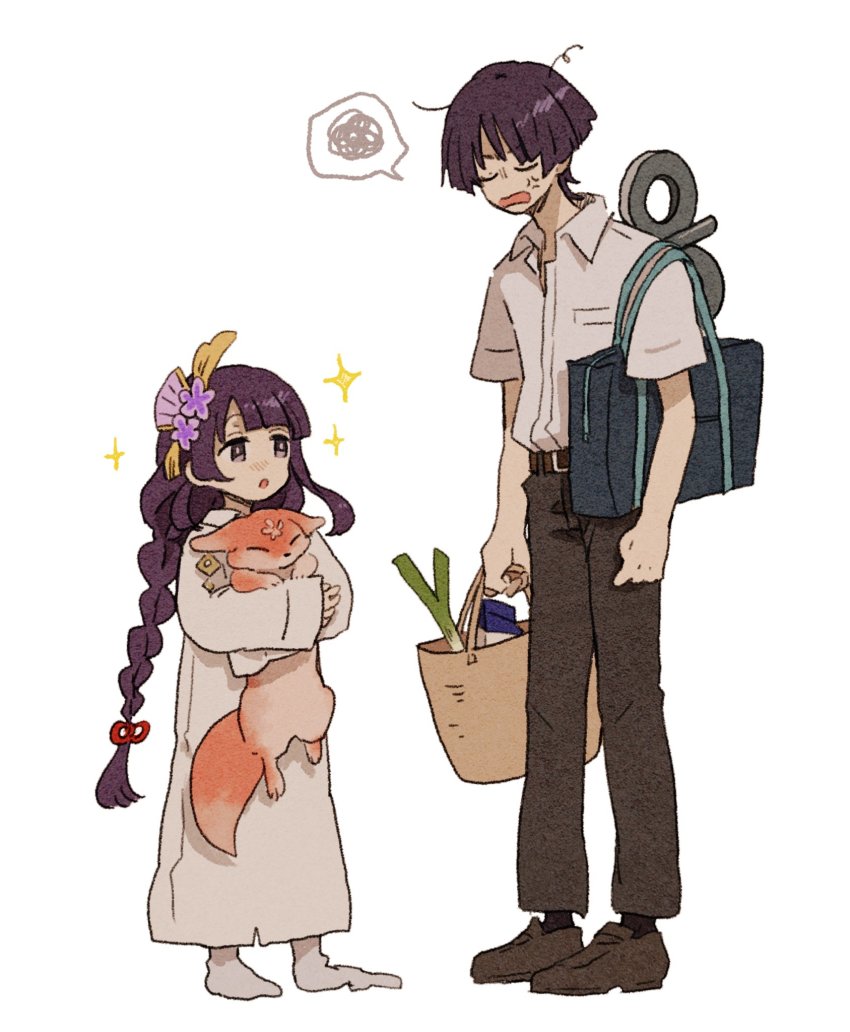 1boy, 1girl, alternate_costume, anger_vein, bag, belt, blush, commentary_request, cosplay, full_body, genshin_impact, hair_ornament, highres, holding, holding_bag, lab_coat, long_hair, long_sleeves, marmochi, nichijou, open_mouth, pants, professor_shinonome, professor_shinonome_(cosplay), purple_eyes, purple_hair, raiden_shogun, scaramouche_(genshin_impact), school_bag, school_uniform, shirt, shopping_bag, sparkle, spring_onion, squiggle, standing, tokisadame_school_uniform, weapon, white_shirt, winding_key, yae_miko, yae_miko_(fox)