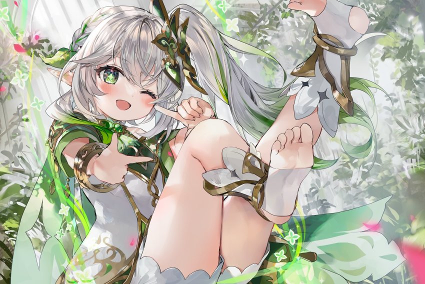 1girl, ;d, blush, cross-shaped_pupils, feet, finger_frame, genshin_impact, green_eyes