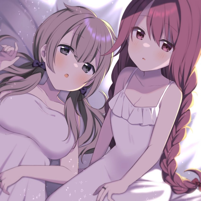 2girls, :o, alternate_costume, bed_sheet, black_bow, blunt_bangs, bow, braid