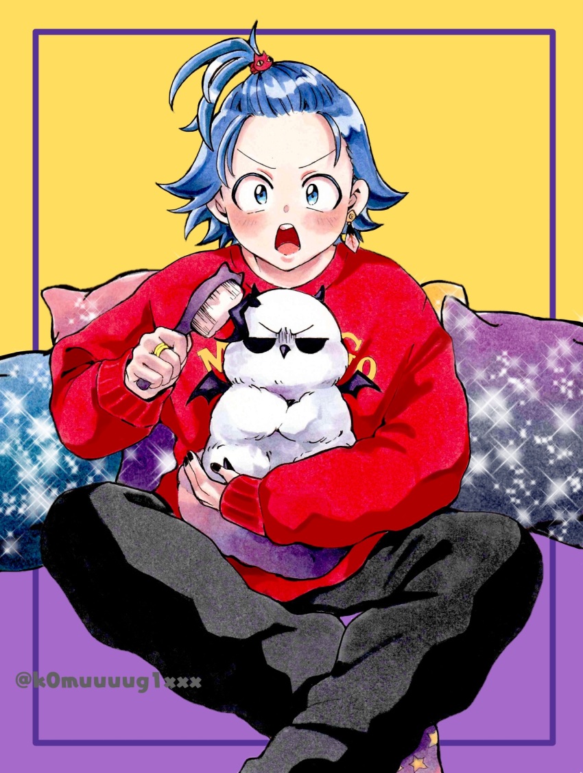 2boys, :o, alternate_form, artist_name, black_nails, black_pants, blue_eyes, blue_hair